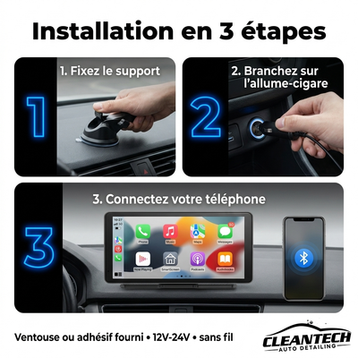 Installation en 3 étapes : support, allume-cigare 12V-24V, connexion du téléphone