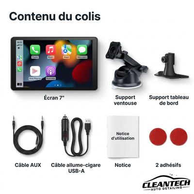 Contenu du colis – écran 7 pouces, supports, câble AUX, câble allume-cigare USB-A, notice, adhésifs