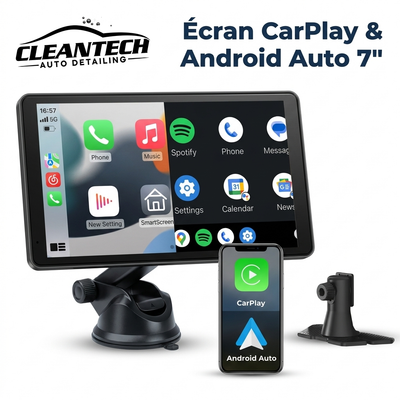 Écran CarPlay & Android Auto sans fil 7 pouces CleanTech – vue produit avec support ventouse