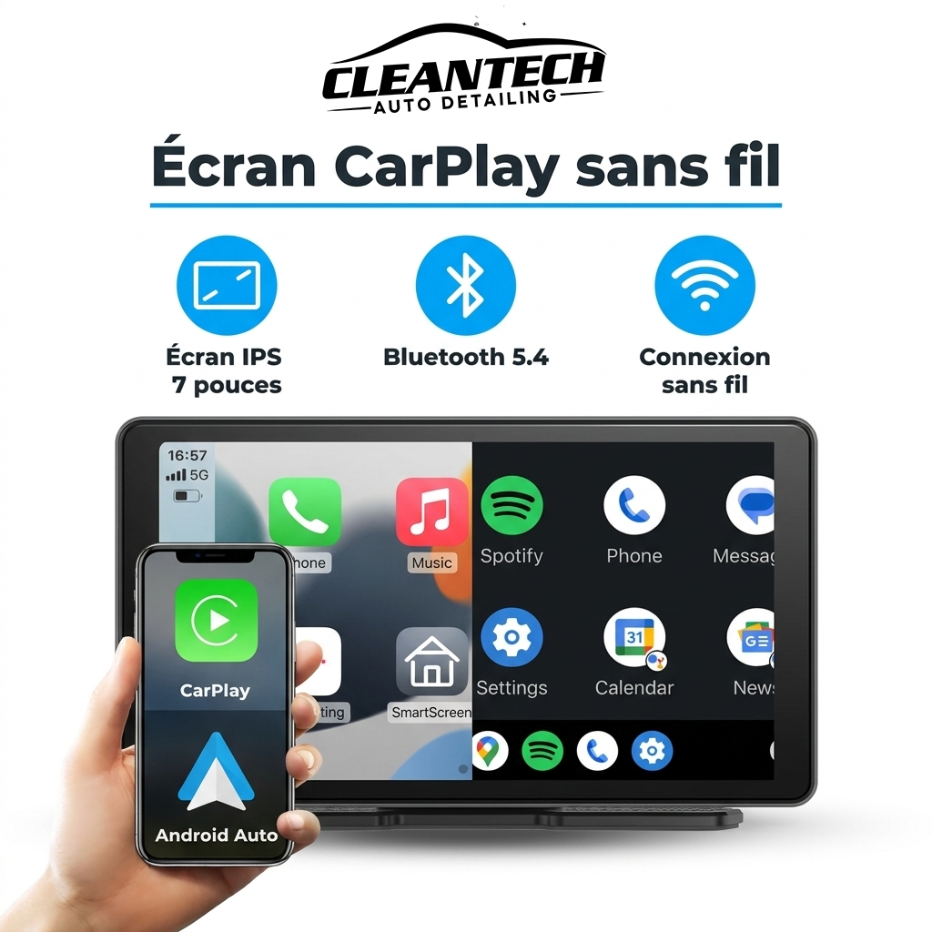 Écran CarPlay sans fil CleanTech – écran IPS 7 pouces, Bluetooth 5.4, connexion sans fil
