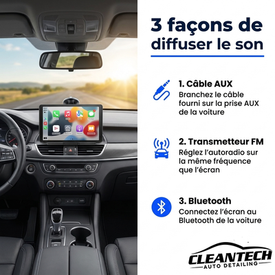 3 façons de diffuser le son : câble AUX, transmetteur FM, Bluetooth