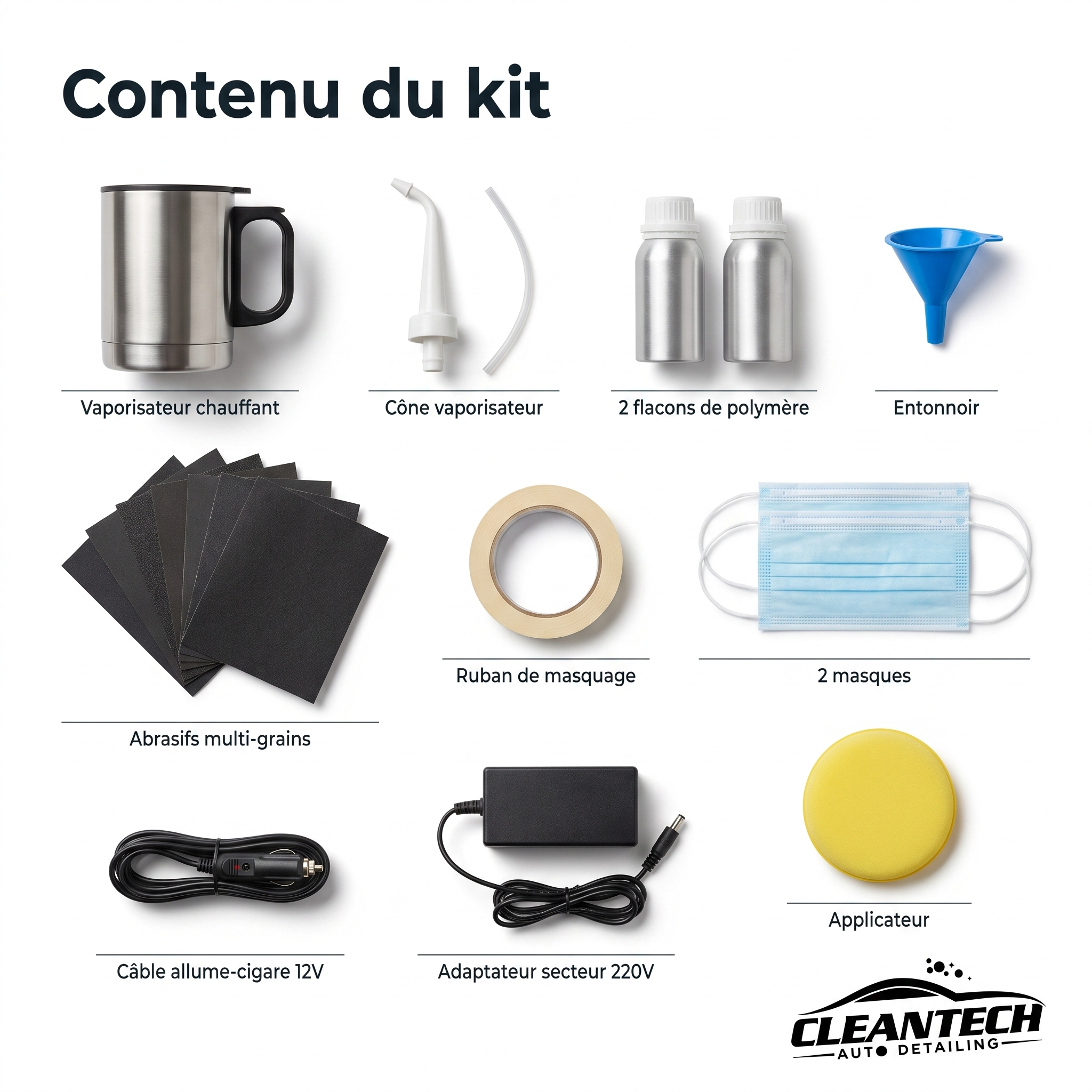 Contenu du kit – vaporisateur chauffant, 2 flacons de polymère, entonnoir, abrasifs, ruban, masques, câbles 12V et 220V