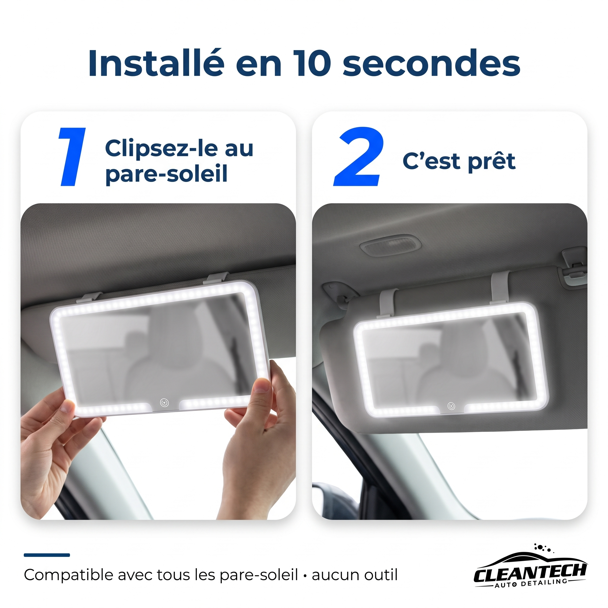 Installation en 10 secondes – se clipse sur le pare-soleil, aucun outil