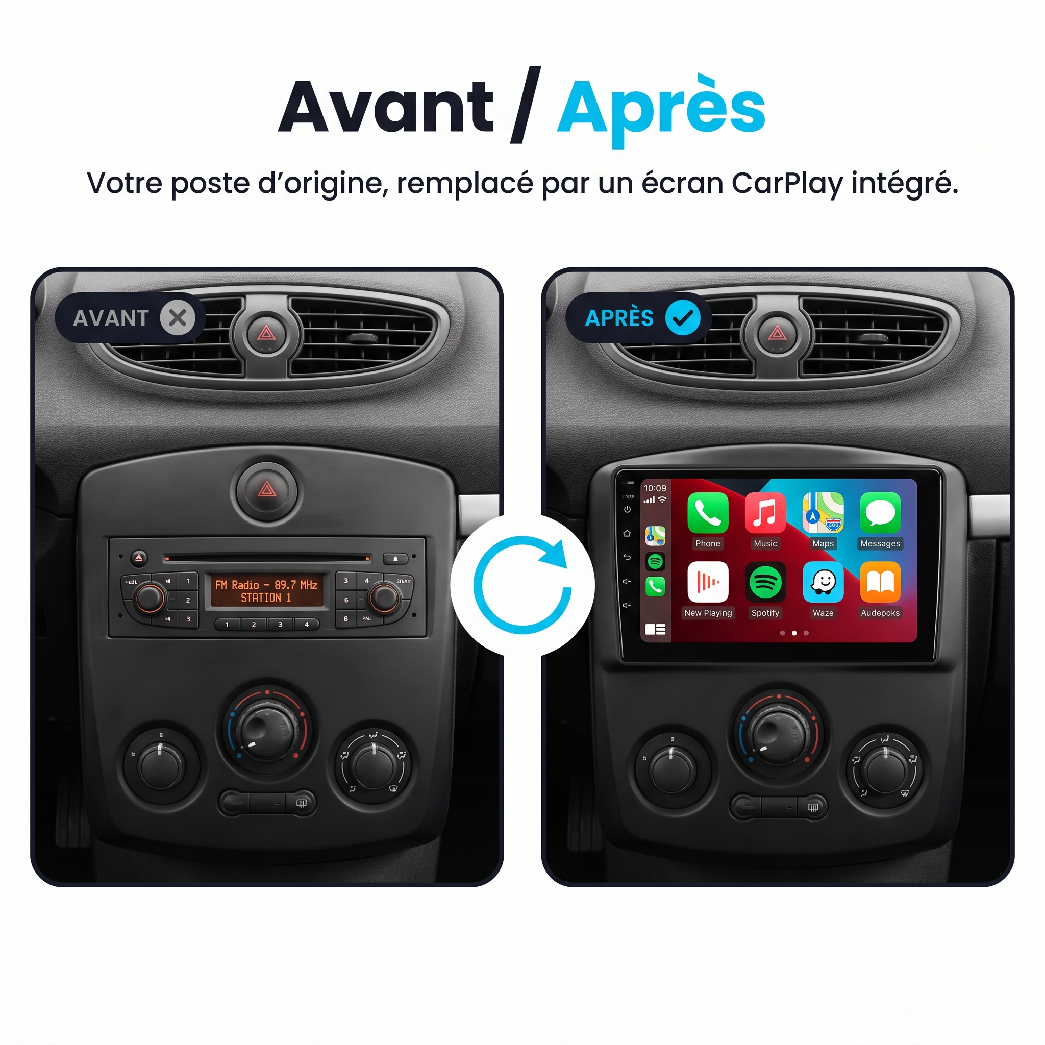 Autoradio CarPlay & Android Auto Renault CLIO 3 (2005-2014) – TYPE A – Avant / après : Renault CLIO 3