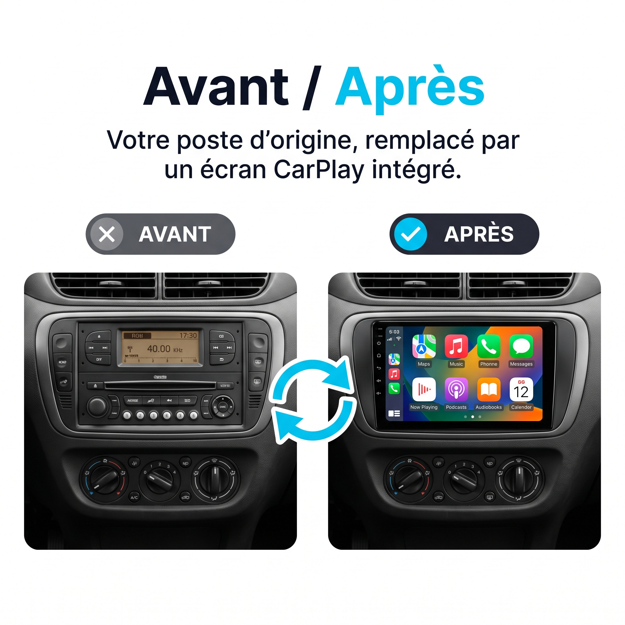 Autoradio CarPlay & Android Auto Citroën C3 (2010-2016) – Noir – Avant / après : Citroën C3