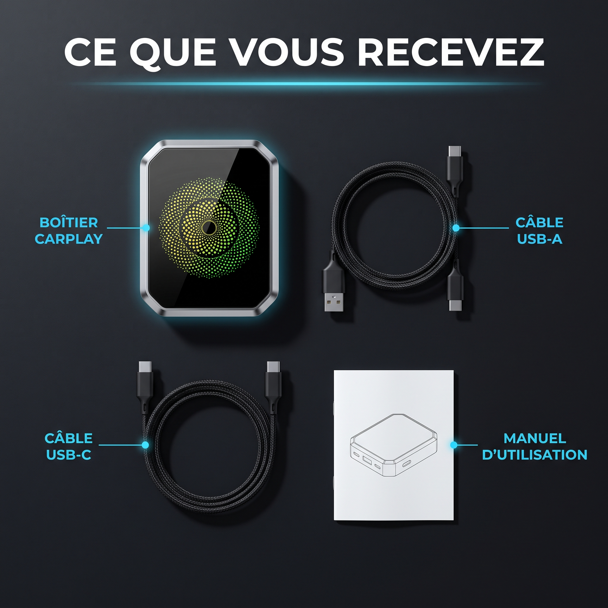 Contenu du coffret : boîtier CarPlay, câble USB-A, câble USB-C et manuel